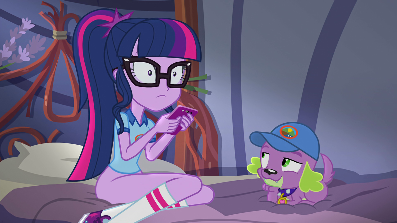 1856344 - suggestive, edit, edited screencap, editor:slayerbvc, screencap,  sci-twi, spike, spike the regular dog, twilight sparkle, dog, equestria  girls, legend of everfree - bloopers, bed, bottomless, cellphone, clothes,  converse, female, male, nudity,