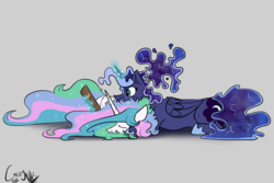 Size: 3000x2000 | Tagged: safe, artist:greyscaleart, princess celestia, princess luna, alicorn, pony, g4, alternate hairstyle, book, duo, female, high res, mare, prone, royal sisters, scrunchie, sleeping, smiling