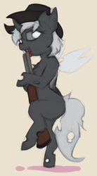 Size: 832x1506 | Tagged: safe, artist:marsminer, oc, oc only, oc:silver lies, changeling, female, gun, solo, unsafe weapon handling, weapon, white changeling