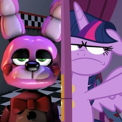 Size: 2560x2560 | Tagged: safe, screencap, twilight sparkle, alicorn, pony, rabbit, robot, fame and misfortune, g4, 3d, angry, animal, animatronic, bonnet (fnaf), comparison, eyebrows, five nights at freddy's, five nights at freddy's: sister location, floppy ears, frown, green eyes, high res, purple eyes, sandwichingaround, source filmmaker, thehottest dog, twilight sparkle (alicorn), ultimate custom night