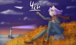 Size: 2815x1696 | Tagged: safe, artist:mintjuice, anthro, advertisement, autumn, clothes, cloud, commission, evening, female, grass, hill, lighthouse, mare, paper airplane, sitting, sky, stars, water, wind, ych example, your character here