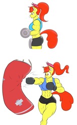 Size: 1177x1920 | Tagged: safe, artist:matchstickman, apple bloom, earth pony, anthro, matchstickman's apple brawn series, tumblr:where the apple blossoms, g4, abs, apple bloom's bow, apple brawn, armpits, bicep curls, biceps, bow, boxing, boxing gloves, breasts, busty apple bloom, clothes, deltoids, dumbbell (object), exercise, female, gym clothes, gym shorts, hair bow, mare, midriff, muscles, older, older apple bloom, punching bag, simple background, solo, sports, sports bra, sweat, thunder thighs, triceps, weights, white background, workout