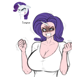 Size: 4595x4961 | Tagged: safe, artist:franschesco, rarity, human, g4, sisterhooves social, absurd resolution, angry, angry rarity, big breasts, breasts, busty rarity, cleavage, clothes, emoji, female, gritted teeth, horn, horned humanization, huge breasts, humanized, parody, rarity is not amused, shirt, simple background, solo, unamused, white background