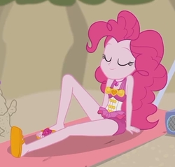 Size: 2100x2010 | Tagged: safe, screencap, pinkie pie, equestria girls, g4, my little pony equestria girls: better together, x marks the spot, adorasexy, beach, clothes, cropped, cute, eyes closed, feet, female, flip-flops, high res, pinkie pie swimsuit, relaxing, sandals, sexy, smiling, solo, swimsuit, upscaled