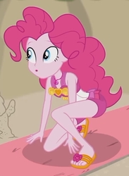 Size: 1535x2100 | Tagged: safe, screencap, pinkie pie, equestria girls, equestria girls series, g4, x marks the spot, beach, clothes, cropped, curvy, feet, female, flip-flops, geode of sugar bombs, magical geodes, pinkie pie swimsuit, sandals, sexy, solo, swimsuit