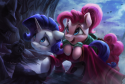 Size: 3800x2550 | Tagged: safe, artist:vanillaghosties, pinkie pie, rarity, earth pony, pony, unicorn, g4, clothes, costume, cute, diapinkes, dress, duo, duo female, female, forest, halloween, high res, holiday, mare, misleading thumbnail, mother gothel, scared, sweater, tangled (disney), vanellope von schweetz, wreck-it ralph