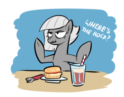 Size: 1306x1018 | Tagged: safe, artist:christheblue, limestone pie, earth pony, pony, g4, burger, female, food, hay burger, restaurant, simple background, soda, solo, speech, transparent background, wendy's, where's the beef