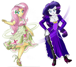 Size: 3248x2856 | Tagged: safe, artist:danmakuman, edit, editor:backgroundlol, fluttershy, rarity, equestria girls, breasts, cleavage, clothes, costume, dress, female, flarity, high heels, high res, legs, lesbian, shipping, shoes, simple background, white background