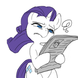 Size: 1000x1000 | Tagged: safe, artist:baigak, rarity, pony, unicorn, g4, confused, female, mare, newspaper, question mark, reaction image, simple background, solo, what the fuck am i reading, white background