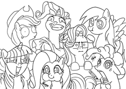 Size: 4960x3507 | Tagged: safe, artist:rambon7, applejack, derpy hooves, fluttershy, pinkie pie, rarity, starlight glimmer, twilight sparkle, alicorn, earth pony, pegasus, pony, unicorn, g4, black and white, faic, female, grayscale, gritted teeth, happy, i mean i see, ink drawing, inktober, lineart, mare, monochrome, pencil, puffy cheeks, scrunchy face, shrunken pupils, signature, sparkly eyes, traditional art, twilight sparkle (alicorn)