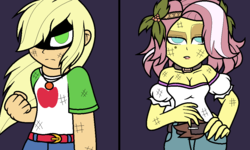 Size: 1008x604 | Tagged: safe, artist:enderboy1908, applejack, vignette valencia, equestria girls, g4, angry, blonde, breasts, cleavage, fist, hatless, holly, implied rarity, missing accessory, vs, windswept mane