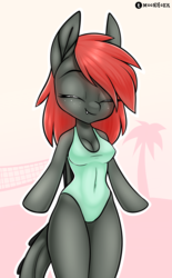 Size: 1800x2900 | Tagged: safe, artist:moonhoek, oc, oc only, oc:ember scratch, anthro, rcf community, arm hooves, beach, breasts, cleavage, clothes, digital art, eyes closed, fangs, female, one-piece swimsuit, pony dragon hybrid, simple background, smiling, solo, swimsuit