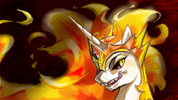 Size: 1920x1080 | Tagged: safe, artist:bluecrow, daybreaker, pony, g4, bust, female, fire, mane of fire, mare, sharp teeth, solo, teeth, tongue out