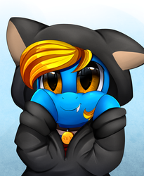 Size: 1446x1764 | Tagged: safe, artist:pridark, oc, oc:aliax smily, bat pony, pony, animal costume, bat pony oc, bust, cat ears, clothes, collar, commission, costume, gradient background, hoodie, male, portrait, smiling, solo