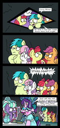 Size: 1660x3507 | Tagged: safe, artist:bobthedalek, apple bloom, sandbar, scootaloo, starlight glimmer, stepford ponies, sweetie belle, earth pony, pegasus, pony, unicorn, g4, school raze, what lies beneath, bow, chair, clothes, comic, cutie mark, cutie mark crusaders, dress, exclamation point, female, filly, food, implied cozy glow, interrobang, makeup, male, mare, mustard, nightmare cave, pure unfiltered evil, question mark, sauce, tea party, teapot, teenager, the cmc's cutie marks, thinking