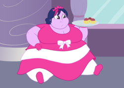 Size: 3507x2481 | Tagged: safe, artist:neongothic, twilight sparkle, human, equestria girls, g4, bbw, breasts, busty twilight sparkle, chubby cheeks, clothes, cupcake, double chin, dress, fat, fat boobs, fat princess, female, food, high res, morbidly obese, obese, smiling, solo, ssbbw, tara strong, twilard sparkle, video game, voice actor joke