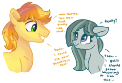 Size: 918x625 | Tagged: safe, artist:dreamscapevalley edits, edit, braeburn, marble pie, earth pony, pony, g4, a happy ending for marble pie, beautiful, beautiful eyes, blushing, braeble, dialogue, female, hair tie, lyrics in the description, male, mare, pretty, reupload, shipping, simple background, song, song reference, stallion, straight, white background, youtube link