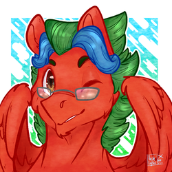 Size: 1200x1200 | Tagged: safe, artist:purplecrystal, oc, oc only, oc:summer lights, pegasus, pony, bust, glasses, looking at you, male, one eye closed, pegasus oc, portrait, smiling, smiling at you, wink, winking at you