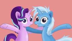 Size: 3840x2160 | Tagged: safe, artist:raribelle, starlight glimmer, trixie, pony, unicorn, g4, best friends, high res, smiling