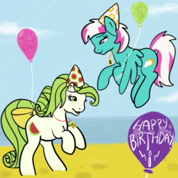 Size: 2100x2100 | Tagged: safe, artist:lannielona, derpibooru exclusive, scrumptious, spring step, sunlight spring, pony, g1, g4, 35th anniversary, background pony, balloon, beach, birthday, bow, female, g1 style, g4 style, generational ponidox, happy birthday, happy birthday mlp:fim, hat, high res, mare, party hat, sand, tail bow