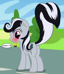 Size: 1902x2183 | Tagged: safe, artist:badumsquish, derpibooru exclusive, rainbow dash, original species, pony, skunk, skunk pony, g4, blatant lies, blushing, butt, dialogue, ear fluff, embarrassed, female, high res, implied farting, looking at you, looking back, parody, plot, raised tail, runway, scene parody, skunkified, solo, species swap, tail, talking to viewer, wonderbolts headquarters