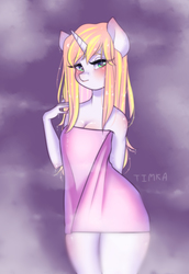 Size: 2749x4000 | Tagged: safe, artist:yuozka, oc, oc only, oc:snow veil, anthro, anthro oc, blushing, breasts, female, naked towel, signature, solo, towel, wet, wet mane, ych result