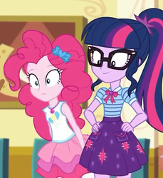 Size: 517x564 | Tagged: safe, screencap, pinkie pie, sci-twi, twilight sparkle, best trends forever, equestria girls, equestria girls series, g4, best trends forever: pinkie pie, clothes, cropped, female, geode of sugar bombs, geode of telekinesis, glasses, magical geodes, pantyhose, ponytail, skirt, smiling