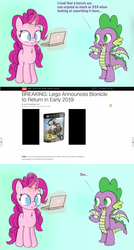 Size: 1280x2386 | Tagged: safe, artist:badponyvectors, pinkie pie, spike, dragon, pony, unicorn, g4, bionicle, chest fluff, computer, dialogue, excited, fake news, fangs, female, laptop computer, lego, magic, male, mare, news, open mouth, race swap, smiling, text, unicorn pinkie pie, wide eyes, winged spike, wings