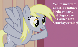Size: 945x567 | Tagged: safe, edit, edited screencap, editor:korora, screencap, derpy hooves, pony, g4, slice of life (episode), bronybait, cropped, cute, derpabetes, dialogue, implied crackle pop, implied party