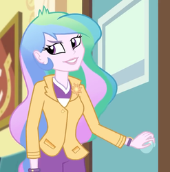 Size: 708x716 | Tagged: safe, screencap, princess celestia, principal celestia, best trends forever, best trends forever: pinkie pie, equestria girls, g4, my little pony equestria girls: better together, blazer, bracelet, canterlot high, clothes, cropped, female, hand on door knob, jewelry, lipstick, pants, smiling, sun emblem, watch, wristwatch