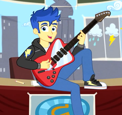 Size: 746x703 | Tagged: safe, screencap, flash sentry, best trends forever, equestria girls, g4, my little pony equestria girls: better together, clothes, converse, cropped, guitar, hoodie, male, pants, shoes, smiling, sneakers
