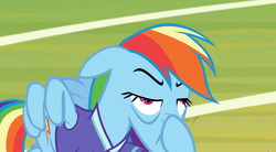 Size: 1920x1061 | Tagged: safe, screencap, rainbow dash, pony, g4, the end in friend, clothes, funny face, jersey, rainbow dash is best facemaker, sports, unamused