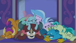 Size: 640x360 | Tagged: safe, screencap, gallus, ocellus, sandbar, silverstream, smolder, yona, changedling, changeling, classical hippogriff, dragon, earth pony, griffon, hippogriff, pony, yak, g4, school raze, bow, cloven hooves, colored hooves, cutie mark, dragoness, eyes closed, female, hair bow, male, monkey swings, student six, teenager