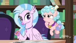 Size: 1920x1080 | Tagged: safe, screencap, cozy glow, silverstream, hippogriff, pegasus, pony, g4, school raze, cozy glow is not amused, crossword puzzle, duo, female, filly, foal, pencil, saddle bag, thinking