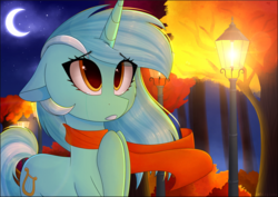 Size: 2006x1422 | Tagged: safe, artist:imbirgiana, lyra heartstrings, pony, unicorn, g4, clothes, crescent moon, crying, female, floppy ears, lamppost, mare, moon, night, raised hoof, scarf, solo, tree, worried