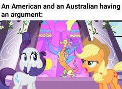Size: 1204x875 | Tagged: safe, edit, edited screencap, editor:apex soundwave, screencap, applejack, discord, rarity, earth pony, pony, unicorn, g4, the return of harmony, argument, discussion in the comments, duo, female, hat, image macro, mare, stained glass, text