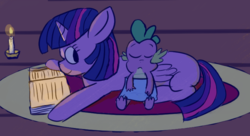 Size: 782x426 | Tagged: safe, artist:xylos, spike, twilight sparkle, alicorn, dragon, pony, g4, baby, baby dragon, blanket, book, candle, cute, eyes closed, female, folded wings, horn, male, mama twilight, mare, missing cutie mark, open book, sleeping, smiling, spikabetes, spikelove, twiabetes, twilight sparkle (alicorn), wings