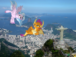 Size: 1200x900 | Tagged: safe, artist:frownfactory, artist:shutterflyeqd, artist:somerandomminion, silverstream, smolder, classical hippogriff, dragon, hippogriff, g4, brazil, christ the redeemer, cristo redentor, female, giantess, handstand, irl, lying down, macro, notepad, photo, rio de janeiro, story included, vector