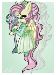 Size: 768x1024 | Tagged: dead source, safe, artist:awoomarblesoda, fluttershy, pegasus, pony, equestria girls, equestria girls series, g4, so much more to me, clothes, dress, equestria girls ponified, female, human pony fluttershy, microphone, ponified, solo, zoom layer