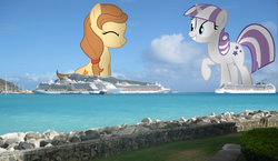 Size: 1600x928 | Tagged: safe, artist:gyrotech, artist:silentmatten, artist:somerandomminion, edit, twilight velvet, oc, oc:cream heart, pony, g4, cruise ship, duo, eyes closed, giant pony, highrise ponies, irl, island, macro, ocean, photo, photoshop, ponies in real life, size difference, smiling, vector