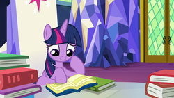 Size: 1280x720 | Tagged: safe, screencap, twilight sparkle, alicorn, pony, father knows beast, g4, book, female, friendship throne, mare, smiling, solo, that pony sure does love books, twilight sparkle (alicorn)