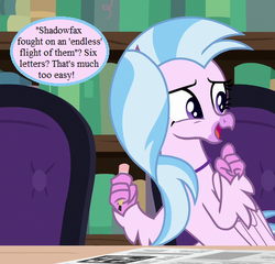 Size: 468x450 | Tagged: safe, edit, edited screencap, editor:korora, screencap, silverstream, pony, g4, school raze, cropped, crossword puzzle, cute, dialogue, diastreamies, library, lord of the rings, pencil, slender, speech bubble, that hippogriff sure does love stairs, thin