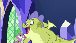 Size: 1280x720 | Tagged: safe, screencap, sludge (g4), spike, dragon, father knows beast, g4, male, winged spike, wings