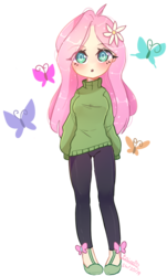 Size: 802x1325 | Tagged: safe, artist:erinartista, fluttershy, butterfly, human, g4, chibi, clothes, female, humanized, pants, simple background, solo, sweater, sweatershy, transparent background