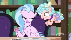 Size: 1920x1080 | Tagged: safe, screencap, cozy glow, silverstream, hippogriff, pegasus, pony, g4, school raze, cozy glow is best facemaker, crossword puzzle, duo, faic, female, filly, flying, foal, lidded eyes, pencil, saddle bag