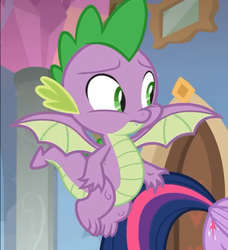 Size: 645x707 | Tagged: safe, screencap, spike, twilight sparkle, alicorn, dragon, pony, g4, the hearth's warming club, claws, cropped, cutie mark, male, offscreen character, solo, tail, twilight sparkle (alicorn), winged spike, wings