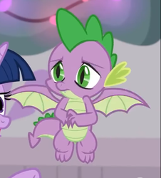 Size: 517x572 | Tagged: safe, screencap, spike, twilight sparkle, alicorn, dragon, pony, g4, the hearth's warming club, claws, cropped, male, offscreen character, solo, tail, twilight sparkle (alicorn), winged spike, wings