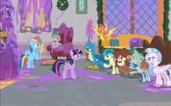 Size: 1158x720 | Tagged: safe, screencap, gallus, ocellus, rainbow dash, sandbar, silverstream, smolder, spike, twilight sparkle, yona, alicorn, changedling, changeling, classical hippogriff, dragon, earth pony, griffon, hippogriff, pony, yak, g4, the hearth's warming club, angry, bow, claws, cloven hooves, colored hooves, cutie mark, dragoness, female, hair bow, jewelry, male, mare, monkey swings, necklace, student six, teenager, twilight sparkle (alicorn), upset, winged spike, wings