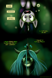 Size: 3000x4500 | Tagged: safe, artist:zoarvek, queen chrysalis, twilight sparkle, changeling, changeling queen, pony, comic:the conquering of love, fanfic:the conquering of love, g4, cocoon, comic, fanfic, fanfic art, fangs, female, hung upside down, looking at you, smiling, toothy grin, upside down, wide eyes