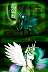 Size: 3000x4500 | Tagged: safe, artist:zoarvek, princess celestia, queen chrysalis, twilight sparkle, changeling, changeling queen, pony, comic:the conquering of love, fanfic:the conquering of love, g4, cocoon, fanfic, fanfic art, fangs, female, glowing eyes, grin, hung upside down, mare, nervous, nervous smile, smiling, upside down, wide eyes
